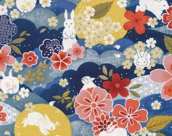 El Conejo Lunar - Azul Marino Floral Japonés - Telas de Algodón Paintbrush Studio