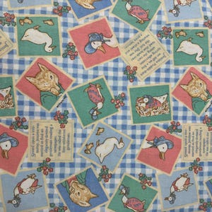 May include: Fabric with a repeating pattern of illustrated squares featuring ducks, foxes, and text on a blue and white checkered background. The illustrations are in shades of red, green, and blue.