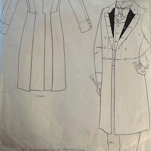 May include: A vintage sewing pattern for a double-breasted frock coat, dating from 1880-1900. The illustration shows the front and back views of the coat, along with a drawing of a man wearing the coat. The pattern is size 38.
