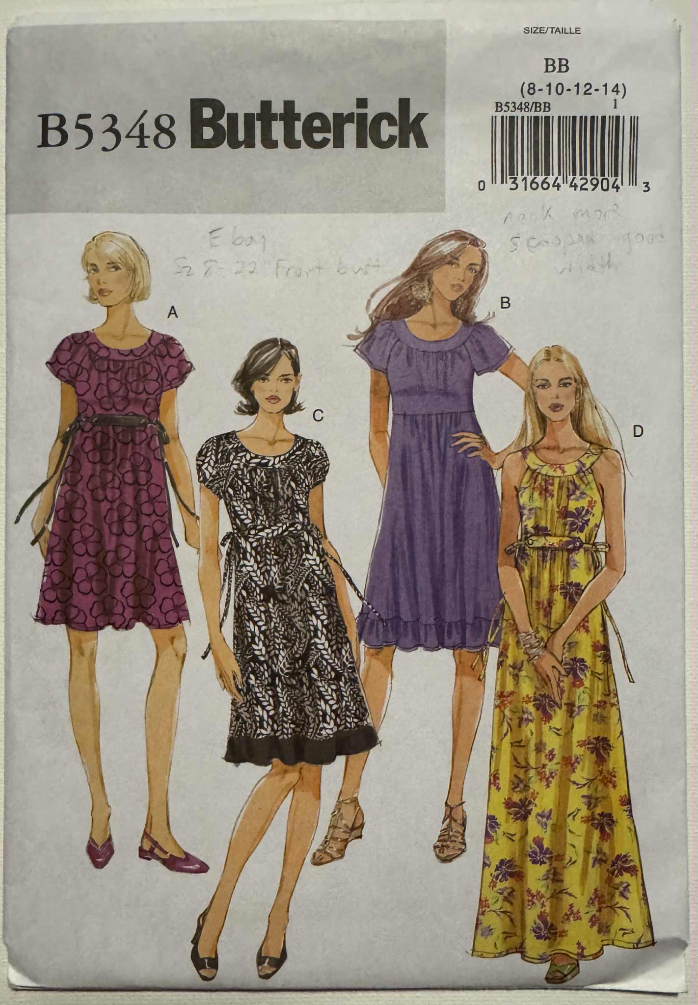 2009 Butterick Y2K Gathered Bodice Dress Round Neck. Pattern # B5348 ...