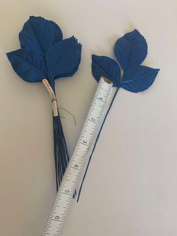 blue satin fabric - Blue Leaf Cluster - Vintage Millinery Floral Made in Japan - 3 Stems (9 Leaves)