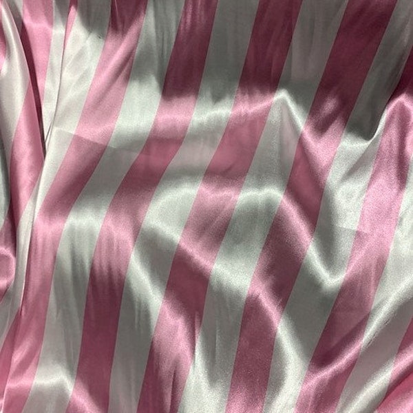 Pink & White Wide Stripe - Faux Silk Charmeuse Satin Fabric