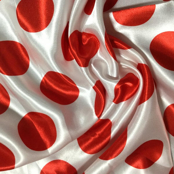 Red on White Polka Dots - Faux Silk Charmeuse Satin Fabric