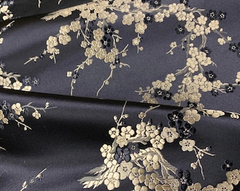 Black & Gold Cherry Blossoms Floral - Silk Brocade Fabric