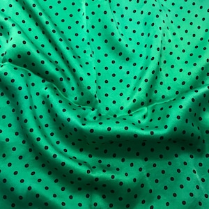 Hand Dyed Silk CHARMEUSE Fabric Emerald Green & Black Small Polka Dots