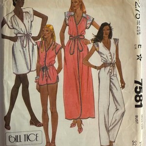May include: Vintage McCall's sewing pattern featuring designs by Bill Tice. The pattern includes illustrations of various outfits, including a jumpsuit, romper, and dresses. The outfits are in white and pink, with a wrap-style design and tie closures. The pattern is for a bust size of 32 1/2 inches.