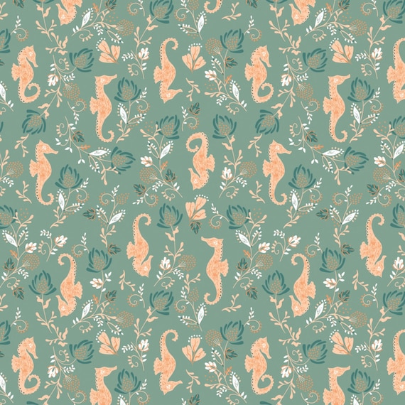 sage cotton fabric - Beachside Pretty Seahorse Sage Green - Camelot Cotton Fabric