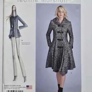 May include: Simplicity sewing pattern D0550 by Leanne Marshall. The pattern features a coat design with a flared skirt and a high collar. The package includes illustrations and sizing information for US sizes 4-12.