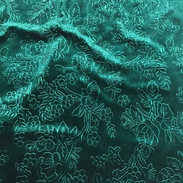 Hunter Green Floral Branches - Embossed Stretch Poly Velvet Fabric