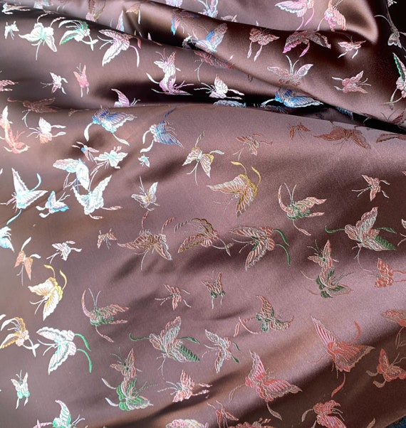 brown brocade fabric - Chocolate Brown with Butterflies - Faux Silk Brocade Jacquard Fabric