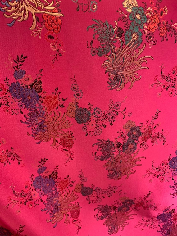 gold brocade fabric - Fuchsia Pink & Gold Mums Floral - Faux Silk Brocade Jacquard Fabric