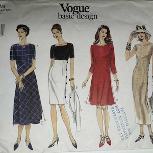 May include: Vogue Basic Design pattern 1749, featuring illustrations of four different dresses. The pattern includes sizes 8-10-12. The dresses include a navy blue plaid dress, a black and white dress, a red dress, and a beige dress.