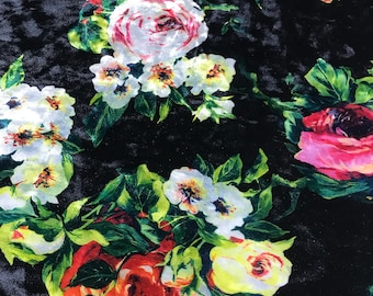 Black with Roses Floral - Stretch Polyester Velvet Fabric