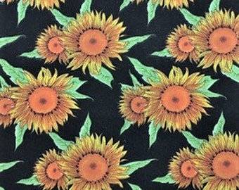 Peut inclure: Motif répété de tournesols sur fond noir. Les tournesols ont des pétales jaunes, des centres orange et des feuilles vertes. Le motif est une impression florale vibrante et joyeuse.