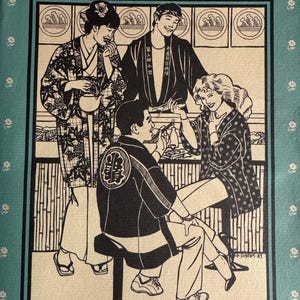 May include: A teal fabric panel featuring a black and white line art illustration of four people in traditional Japanese clothing. The text FOLKWEAR appears at the top, and JAPANESE HAPI AND HAORI is printed at the bottom. Small white flowers border the edge.