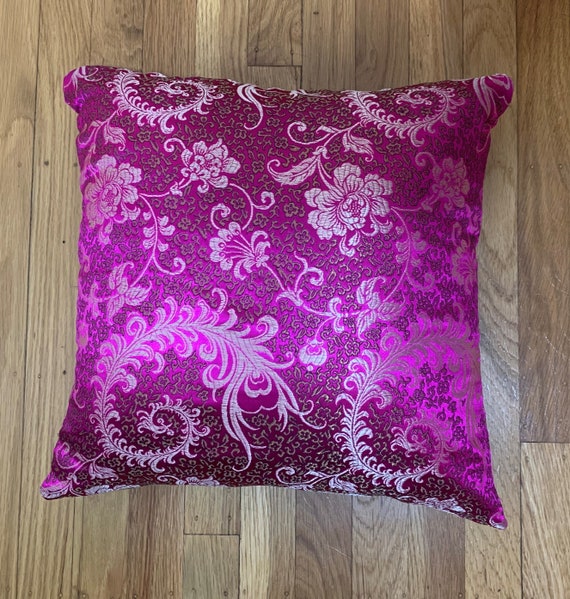 Silky Brocade Pillow Cover Magenta Feather Floral Handmade