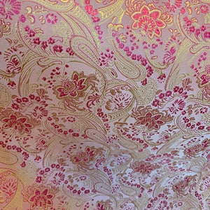 Pink & Gold Floral Paisley - Faux Silk Brocade Jacquard Fabric