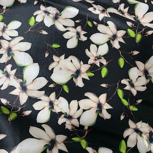 Black & White Magnolia Floral - Stretch Polyester Taffeta Fabric