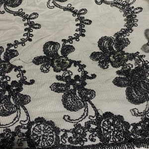 Black Floral Flourish Embroidered Tulle Lace Fabric