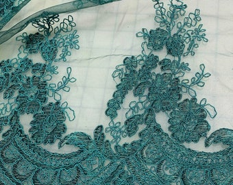 Teal Floral Scalloped Border Embroidered Tulle Lace Fabric