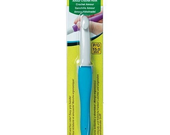 May include: A blue and white crochet hook with an easy grip handle. The hook is 15.0 mm and is labeled "P/Q".