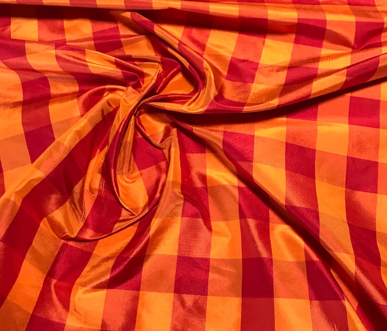 Silk Taffeta Fabric Red /& Orange Check