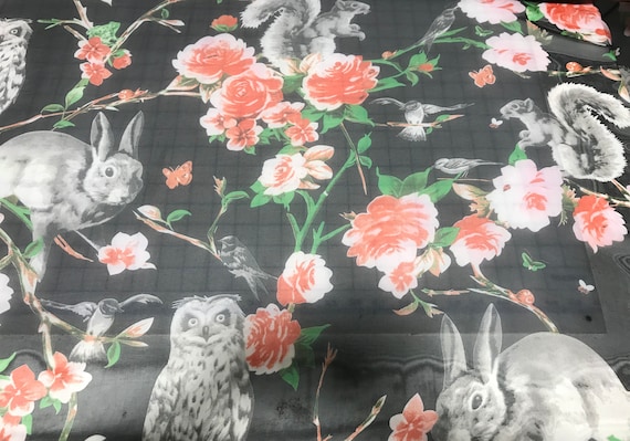 forest chiffon fabric - Black with Forest Animals - Polyester Chiffon Fabric