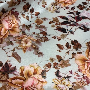 Gray Peach Peony Floral - Stretch Polyester Taffeta Fabric