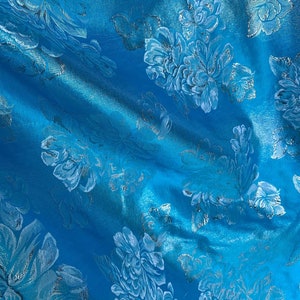 Turquoise & Silver Roses - Faux Silk Brocade Jacquard Fabric