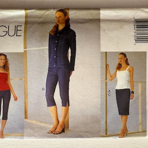 May include: Vogue sewing pattern 7234 for sizes 6-8-10. The envelope features illustrations of a dark denim jacket and cropped pants, a red strapless top with dark cropped pants, and a white tank top with a dark knee-length skirt.