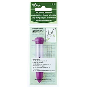 May include: A purple and clear plastic case containing a set of three lace darning needles. The case has a Clover logo and the text "Lace Darning Needle Set" on the front. The text "Needle sizes: No. 20, 22 (Bent tip)/No. 24" is printed on the back of the case.