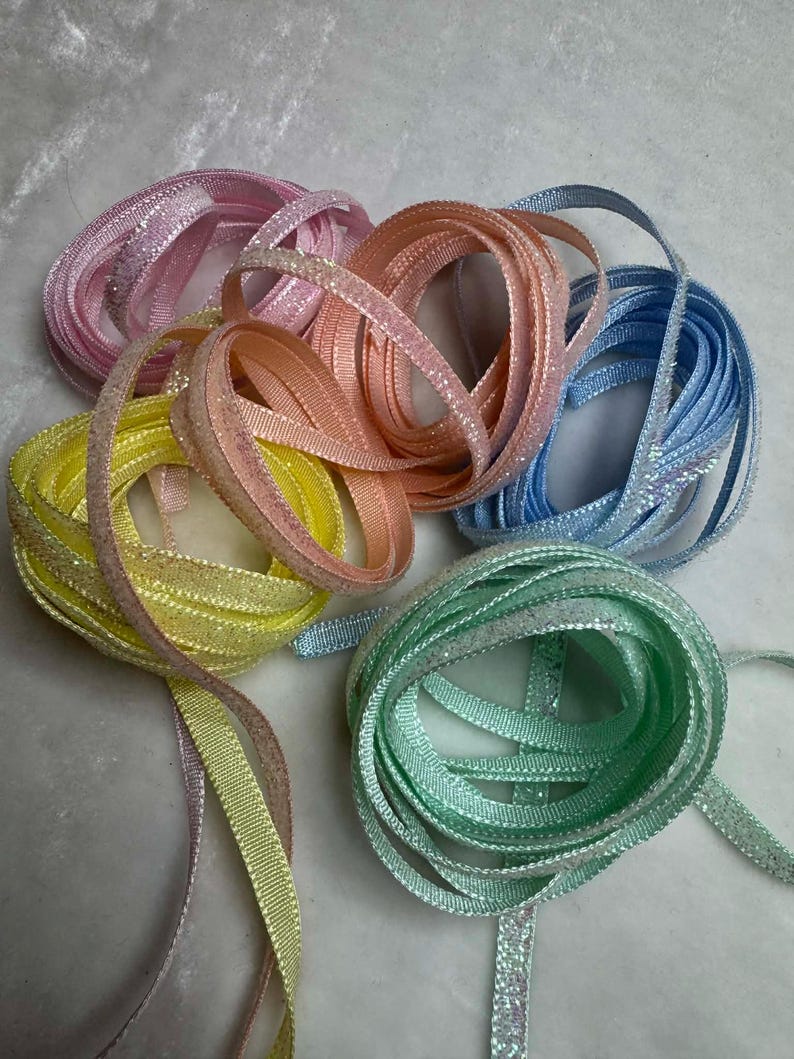 Coiled Ribbons Pastel Lurex Metallic French Velvet Ribbon Trim Set 5 Colors 5mm 1/4 ...