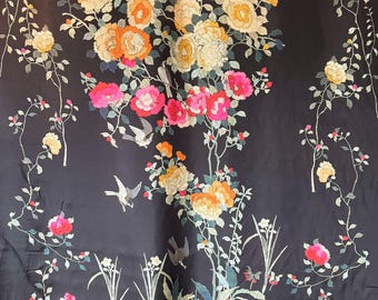 Johnny Was Birds Floral Flowers Print - 100% Silk Twill Fabric Panel