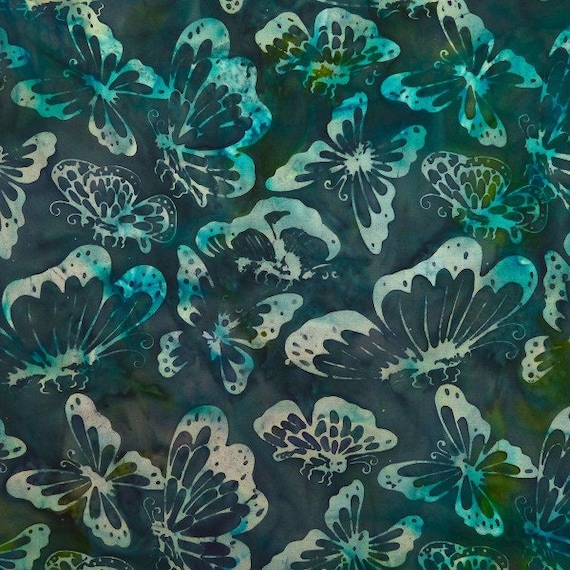 aqua cotton fabric - Bleached Aqua Butterflies - Sagebrush - Batik by Mirah Cotton Fabric