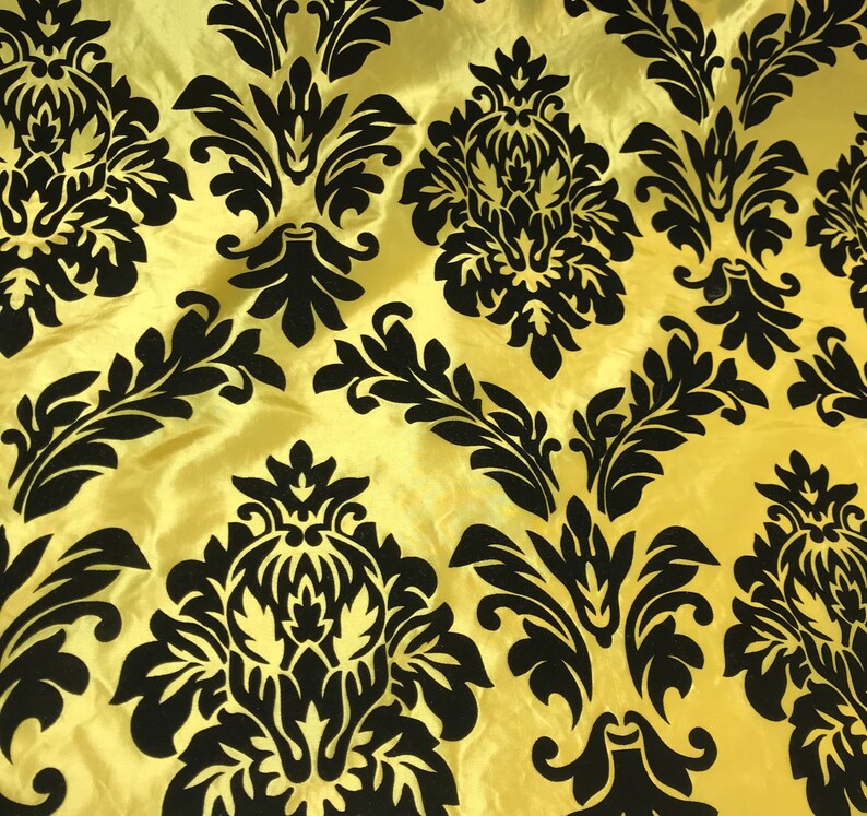 Bright Yellow With Large Black Damask Flocked Velvet Faux Etsy