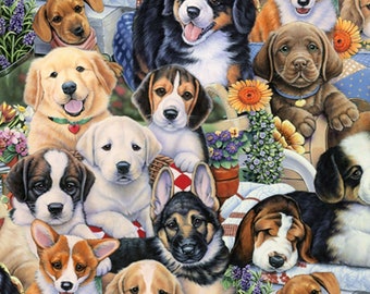 May include: A colorful illustration of a group of puppies of various breeds, including a golden retriever, a beagle, a German Shepherd, a corgi, and a basset hound. The puppies are surrounded by flowers and greenery.