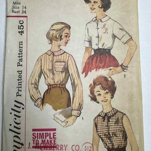 May include: Vintage Simplicity sewing pattern, number 3558, featuring illustrations of women's blouses and skirts. The pattern includes instructions for a size 14 with a 34-inch bust. The cover has text that reads "Simple to Make" and "J. Newberry Co."