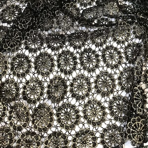 Black & Metallic Gold Circle Flowers LACE Fabric