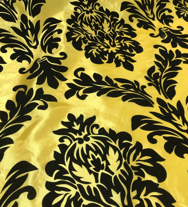 Bright Yellow With Large Black Damask Flocked Velvet Faux Etsy