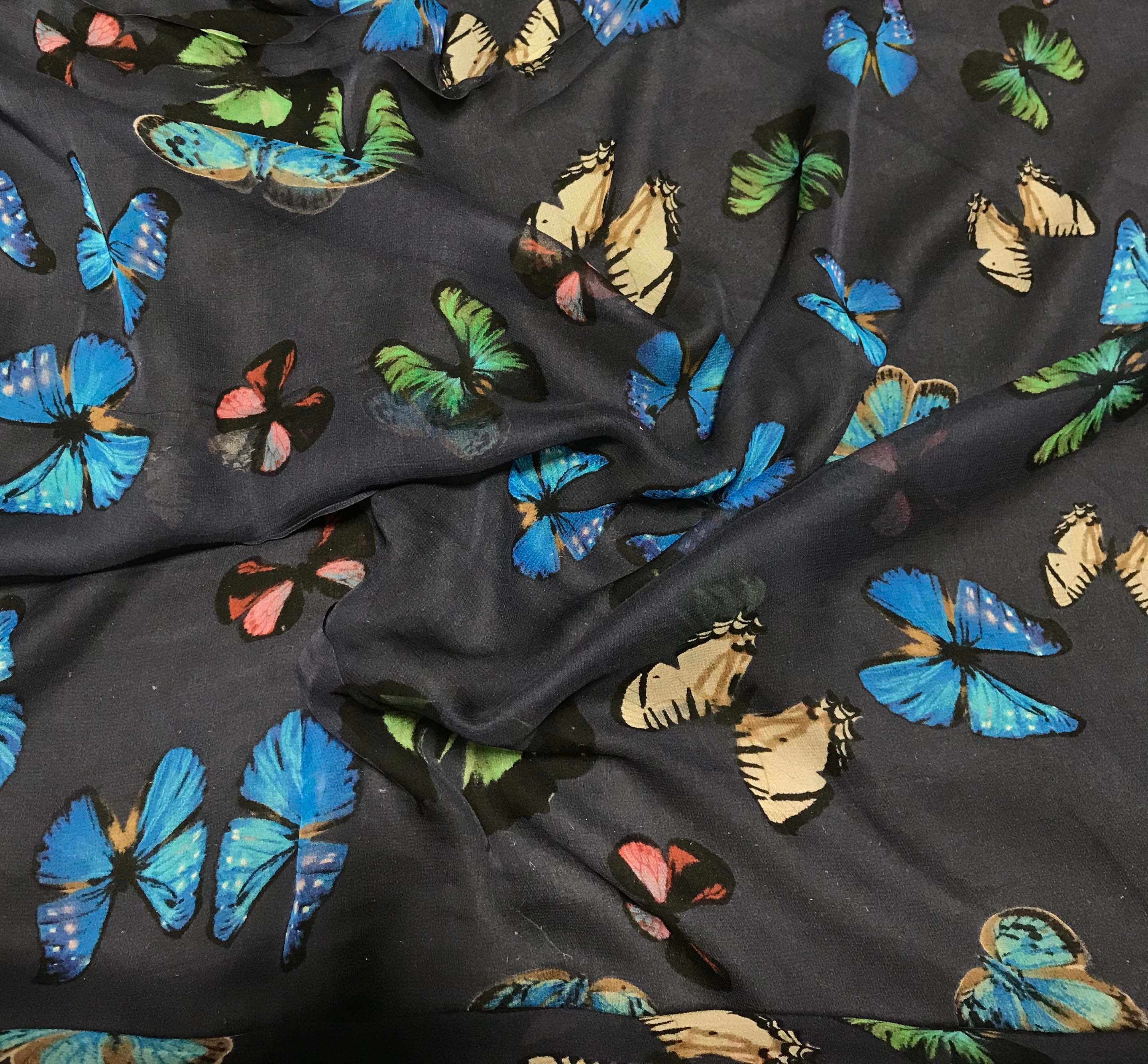 Blue With Butterflies Silk Chiffon Fabric - Etsy