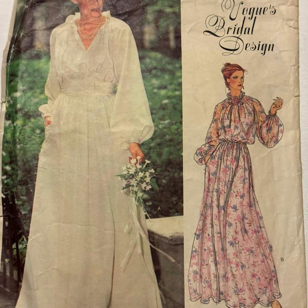 Vestido de novia hippie estilo campesino de Vogue, años 60. Patrón n.° 2053. Tallas: 8, 10, 12, 14 y 16.