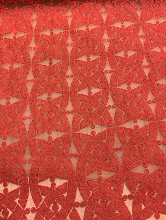 coral lace - Coral Geometric Embroidered Organza Fabric