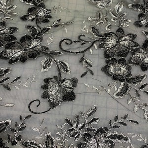 Black & Silver Floral Sequin Embroidered Tulle Lace Fabric