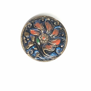 Vintage Glass Button - Mirror Back Iridescent Blue with Red & Gold Flower 7/8&quot;