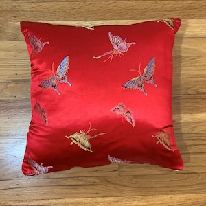 Silky Brocade Pillow Cover - Red with Butterflies - Handmade