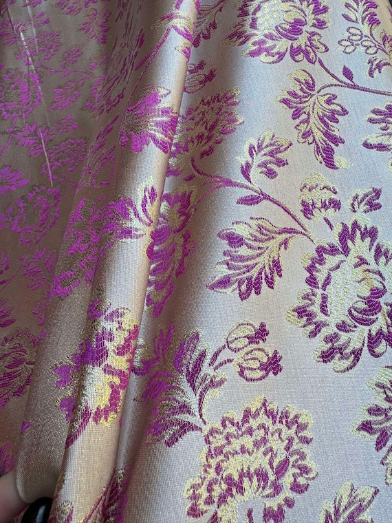 champagne brocade fabric - Champagne; Magenta & Gold Floral - Faux Silk Brocade Jacquard Fabric