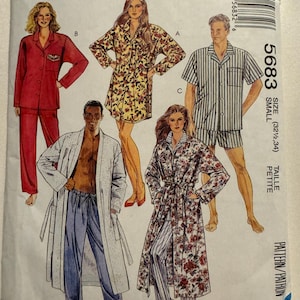 May include: McCall's sewing pattern featuring sleepwear designs. The pattern includes options for pajamas, a robe, and a nightshirt. The illustrations show various styles, including a red pajama set, a floral nightshirt, and striped pajamas. The size is small.