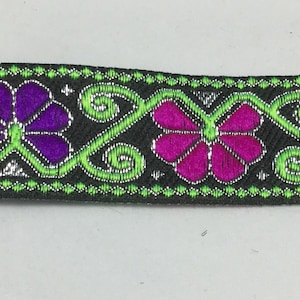 French JACQUARD Ribbon Metallic Pink & Purple Flowers by the yard 1.25 inch