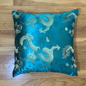 Silky Brocade Pillow Cover - Emerald Green & Gold DRAGONS - Handmade