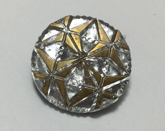 Vintage Glass Button - Mirror Back Silver with Gold Luster Geometric 7/8"